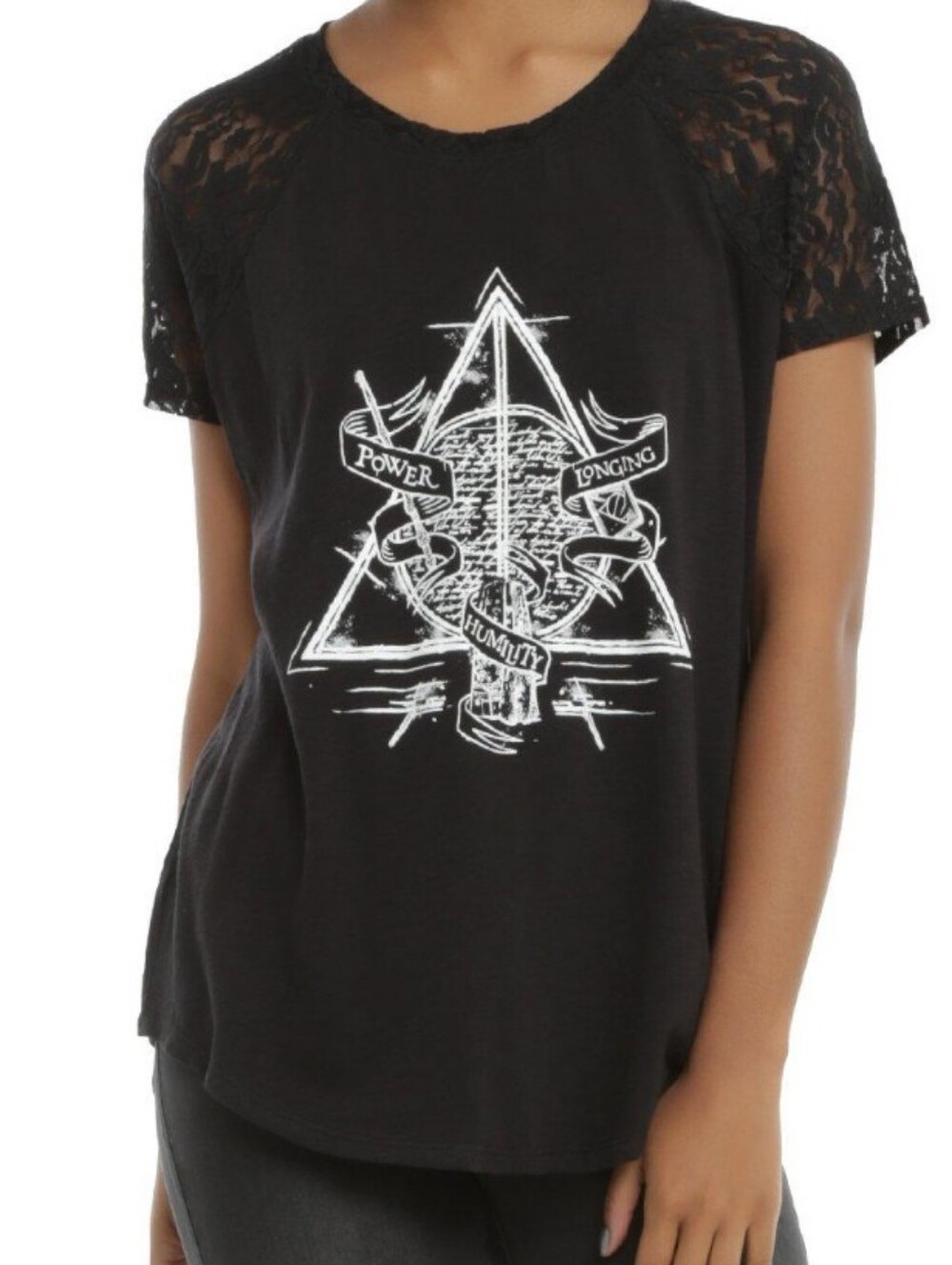 Hot Topic Black Lace-Sleeve Deathly Hallows Graphic Tee